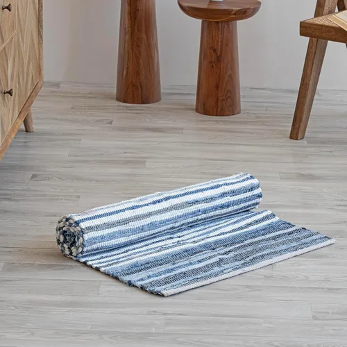 Miniatura 2 de HOMEMONDE Alfombra de trapo de mezclilla de 20"x32" azul de algodón suave reciclado Chindi hecha a mano reversible alfombras bohemio para entrada