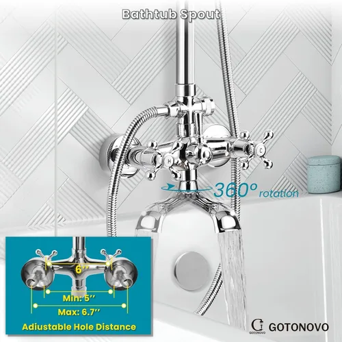 Miniatura 4 de gotonovo Juego de grifo de ducha expuesto de 8 pulgadas, cabezal de ducha de lluvia de 3 funciones con boquilla de bañera, 2 asas de cuerda, sistema