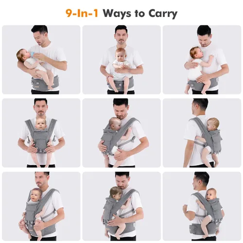 Miniatura 2 de Portabebés Recién Nacido a Niño: 9 en 1 Portabebés Convertible Ergonómico Portabebés Para Todas Las Temporadas, Posiciones M, Correa Ajustable Gris