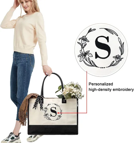 Miniatura 5 de BeeGreen Bolsas de lona con inicial, regalo de cumpleaños personalizado para mujeres, amigas, madre, mamá, bolsas de monograma bordadas con asa