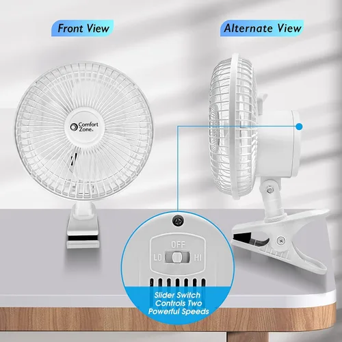 Miniatura 4 de Comfort Zone Ventilador portátil con clip para cochecito, de 15 cm con inclinación totalmente ajustable, silencioso de 2 velocidades para cama, mini