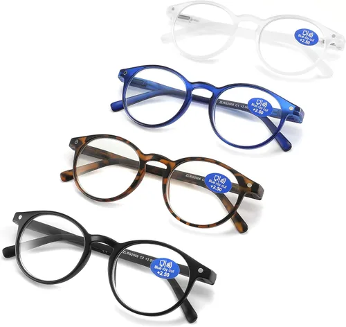 Lentes de lectura con bloqueo de luz azul, lentes redondos con bisagras de resorte para hombres y mujeres, 4 pares de colores mixtos, filtro
