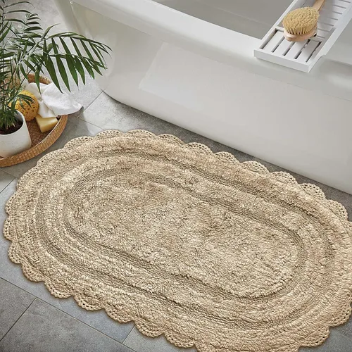 Miniatura 62 de Chardin home Alfombra de baño de ganchillo beige, alfombra de baño ovalada 100% algodón con borde de ganchillo artesanal hecho a mano, alfombra