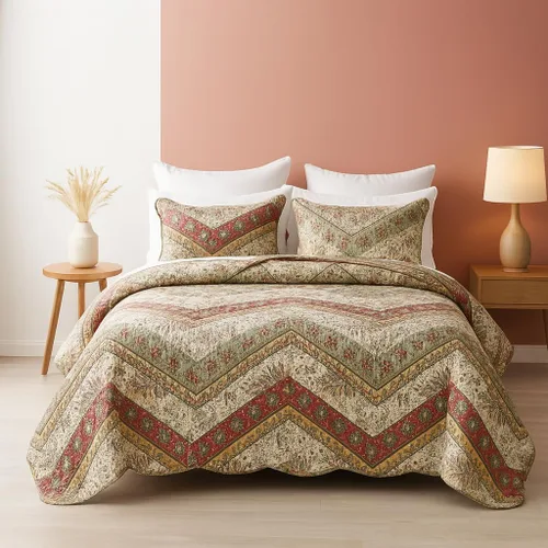 DaDa Bedding - Juego de colcha bohemia acolchada con estampado floral, rústico, rojo arándano, salvia, verde, cheurón, cachemira, filigrana, bordes