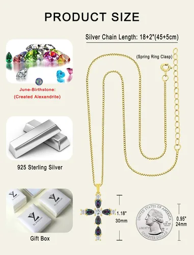 Miniatura 115 de YL Collar de cruz de plata de ley 925 con colgante de piedra natal religiosa para mujer