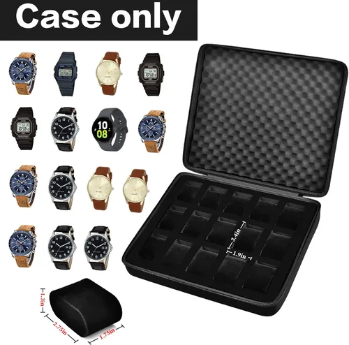 Miniatura 2 de 15 ranuras reloj caja organizadorhombres reloj pantalla caja de almacenamiento se adapta a todos los relojes de pulsera y relojes inteligentes