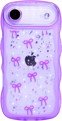 Miniatura 137 de Qokey Funda para iPhone 12 Pro Max de 6.7 pulgadas, diseño de onda rizada, borde transparente, brillante con purpurina, estrella brillante, bonita