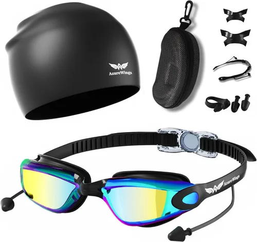 Gafas de natación 7 en 1 + gorro de natación para hombres y mujeres, sin fugas, antivaho y UV, lente de PC con espejo HD de visión amplia