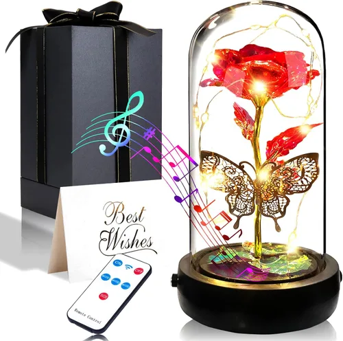 Miniatura 12 de Regalos de rosas de cumpleaños para mujeres y mamá, regalo de rosa de cristal blanco colorido Rainbow Rose in Glass Dome with Music Box, Light Up