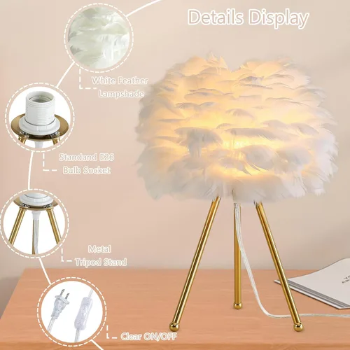 Miniatura 3 de Capslpad Lámpara de mesa con trípode de plumas, 15.3 pulgadas, moderna lámpara de mesa/escritorio blanca con acabado dorado para sala de estar