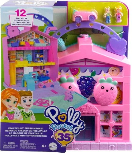 Miniatura 7 de Polly Pocket Pollyville Fresh Market Muñecas y juego de juguete, juguete de comida con 2 micro muñecas, 12 accesorios incluyen coche de juguete