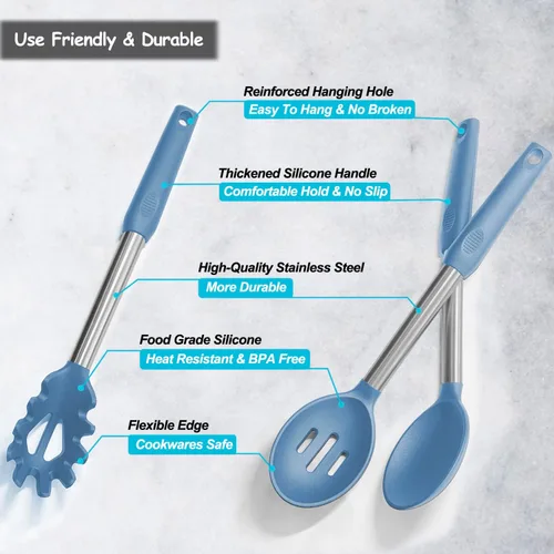 Miniatura 4 de Espátula de silicona y cuchara de cocina, paquete de 5 utensilios de cocina antiadherentes para la cocina, espátulas y cucharas sólidas y ranuradas