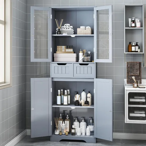Miniatura 3 de Betterhood Armario de almacenamiento de baño de 67 pulgadas de alto, gabinete independiente con puertas y estantes de vidrio, despensa de baño