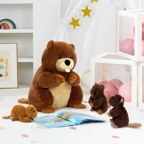 Miniatura 8 de MaoGoLan 4 animales de peluche de castor con tres bebés en el interior, regalo de felpa de castor gigante esponjoso de 17.7 pulgadas, divertidos