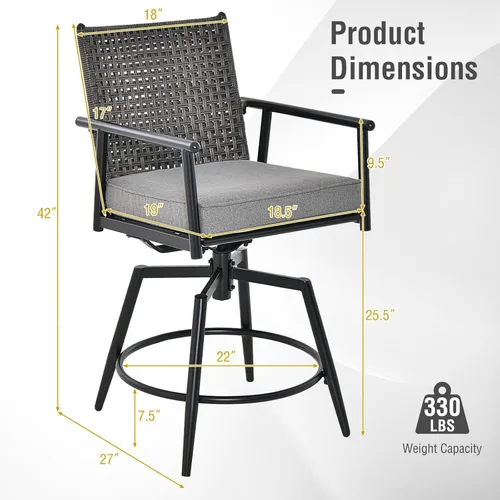 Miniatura 4 de Tangkula Juego de 2 taburetes de bar giratorios para patio, sillas de bar de altura de mostrador para exteriores con respaldo de ratán de Negro