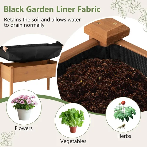 Miniatura 5 de HAPPYGRILL - Cama de jardín elevada, caja de jardín de madera para exteriores con patas, agujeros de drenaje, tela de revestimiento de jardín negra