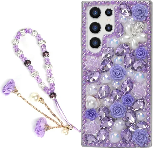 Miniatura 21 de para iPhone 14 Pro - Funda con Purpurina y Diamantes de Imitación, de Lujo, con Cristales Brillantes, Flores de Rosa, Perlas Florales, Pulseras