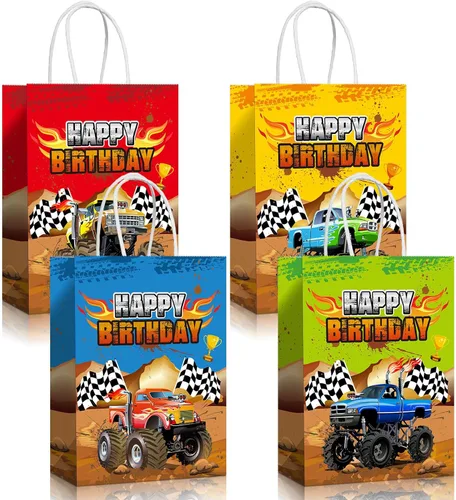 Pajean 16 bolsas de regalo de fiesta de camiones de monstruos, camiones de carreras, regalo de papel, bolsas de dulces para suministros temáticos de