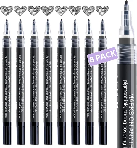 Rotulador acrílico de pintura negra: paquete de 8 marcadores de pintura negros de 0.028 in, marcadores de pintura para metal, arte, madera, papel
