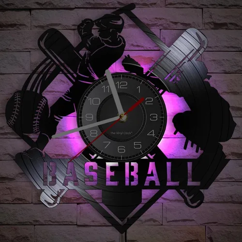 Reloj de pared LED de béisbol de 12 pulgadas con 7 colores que cambian sin tictac, jugador de profesión bateador y receptor colgante luz nocturna