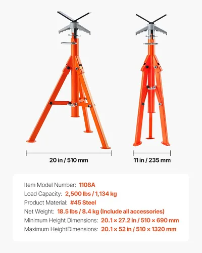 Miniatura 7 de VEVOR Soporte para Tubos, Soportes de Gato para Tubos de Servicio Pesado de 2500 Libras, Soporte para Tubos con Cabezal en V Ajustable en Altura