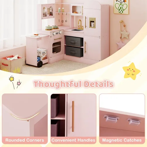 Miniatura 4 de Costzon Cocina de Juego de Esquina, Pequeño Chef Cocina de Juego de Simulación con Luz y Sonido Reales, Carrito Extraíble, Contenedores de Tela