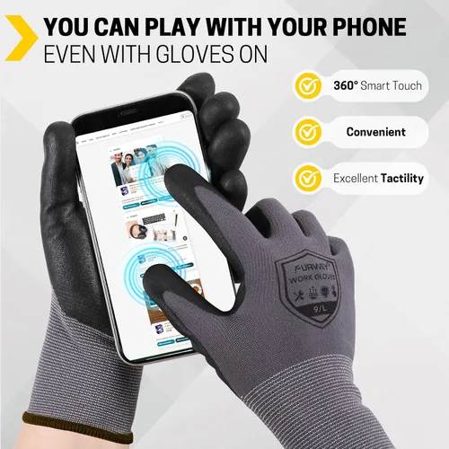 Miniatura 3 de FURWEY Safety Work Gloves-16/32Pairs, Micro Foam Nitrile Coated Glove,Seamless Knit Nylon Gloves for Men Women（S-XL Negro gris-16 pares