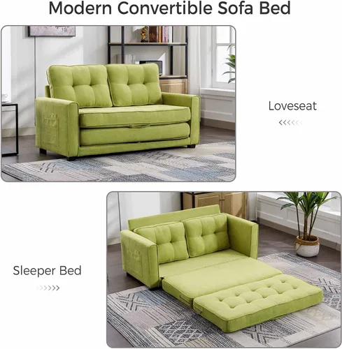 Miniatura 3 de Sofá cama convertible moderno con cama extraíble y dos bolsillos laterales, sofá biplaza de felpilla para sala de estar, apartamento, oficina (verde)