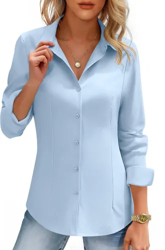 Miniatura 10 de HOTOUCH Camisas de mujer con botones de manga larga, camisa de vestir ajustada, blusas de trabajo, cuello, elegantes, casuales, de negocios