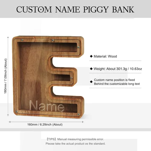 Miniatura 2 de Alcancía con nombre personalizado, 26 letras láser con texto personalizado, banco de monedas de madera, significado educativo, alcancía con nombre