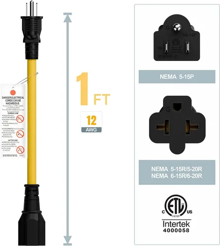 Miniatura 2 de [4 en 1] Cable adaptador de CA para el hogar de 12 AWG de 15 amperios a hoja T de 20 amperios, NEMA 5-15P a 5-15R/ 5-20R/ 6-15R/ 6-20R, adaptador