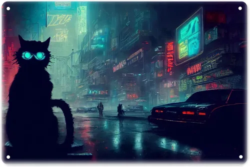 AMOGHASIDDHI Cartel de metal con diseño de gato Cyberpunk de aluminio, póster de metal vintage de 8 x 12 pulgadas, letrero de pintura para