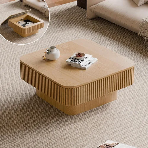Miniatura 12 de Mesa de café cuadrada pequeña con almacenamiento, mesa de café moderna de madera con chapa de madera maciza, mesa central estriada