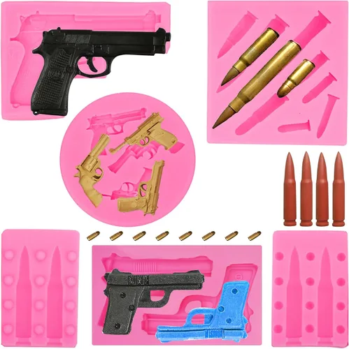 Moldes de silicona 3D con forma de bala y pistola para decoración de pasteles, dulces, chocolate, bricolaje, gomitas, postres, manualidades, Pistola