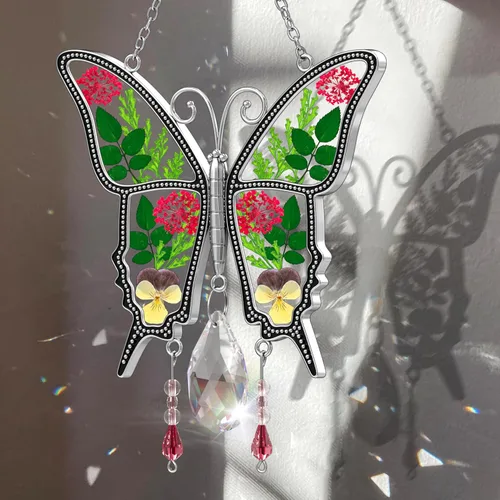 Miniatura 2 de KY&BOSAM Atrapasoles de cristal con diseño de mariposa para colgar ventanas, chaim de viento con flor preservada y dije de corazón de metal, regalo