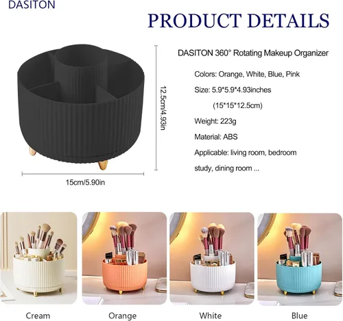 Miniatura 6 de DASITON Soporte para brochas de maquillaje de gran capacidad, organizador de maquillaje giratorio de 360°, 5 ranuras para brochas de maquillaje