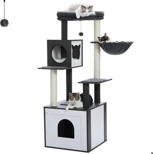 Miniatura 8 de Árbol alto para gatos con recinto para caja de arena de 56.7" Torre de madera para gatos para gatos grandes con hamaca casa cama para gatos