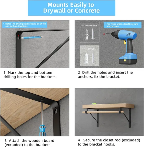 Miniatura 8 de Paquete de 4 soportes para barra de armario, soportes de estante de armario de 10.8 x 10.8 pulgadas para trabajo pesado montados en pared, soportes