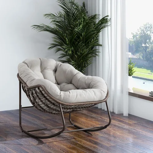 Mecedora para patio al aire libre, cómoda silla mecedora de mimbre con cojín acolchado, silla de ratán de gran tamaño con marco de acero sólido,
