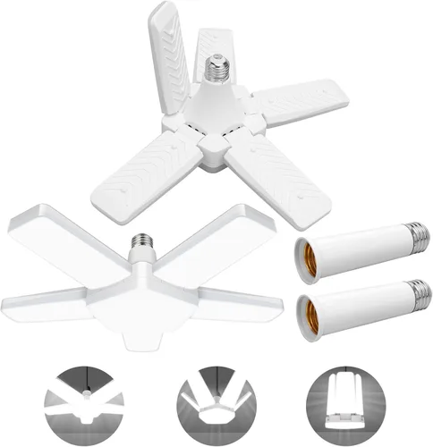 Miniatura 8 de Paquete de 2 bombillas LED de garaje, mini luces LED de techo de garaje de 50 W, 4 paneles ajustables, bombilla LED de garaje de 5000 lúmenes, luz