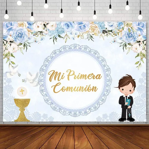 Miniatura 8 de AIBIIN Telón de fondo de bautismo de 7 x 5 pies para niño Mi Primera Comunión Bautizo Fotografía Fondo Dios bendiga Primera Comunión Banner Palomas