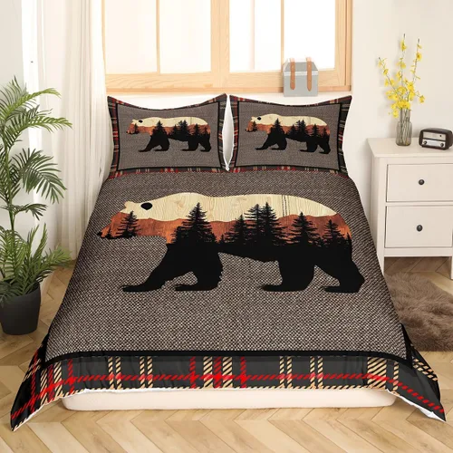 Miniatura 25 de Funda de edredón rústica tamaño Queen, juego de ropa de cama retro para cabaña de cabaña, oso de caza, ciervo, hojas de arce, funda de edredón