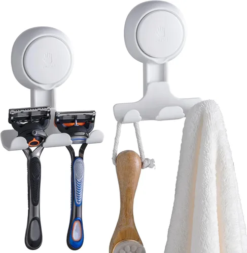 TAILI Soporte para maquinilla de afeitar con ventosa para ducha, paquete de 2, toalla, lufa, soporte para afeitadora para pared de baño, potentes