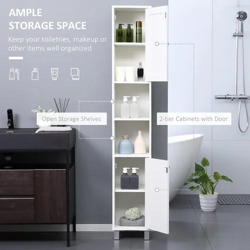 Miniatura 4 de kleankin Armario alto de almacenamiento de baño con espejo, gabinete de torre independiente de madera con estantes ajustables para baño o sala