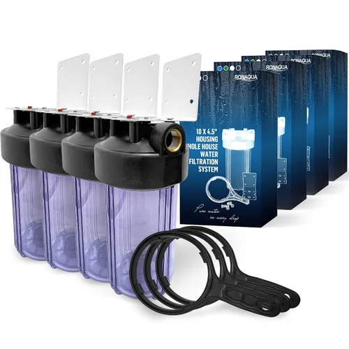 Miniatura 23 de Sistema purificador de filtro para toda la casa de 10 x 4.5 pulgadas de alta capacidad para agua de pozos o ciudades, botón de alivio de Azul