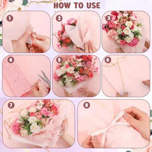 Miniatura 3 de Qilery Juego de 334 piezas de papel de regalo de flores, 153 papel de regalo de ramo floral impermeable, 72 decoraciones de mariposas doradas 3D