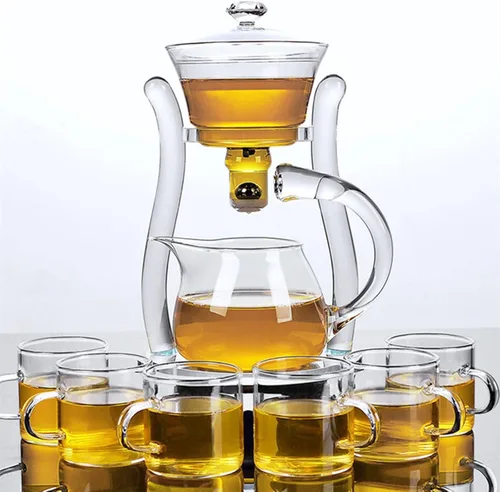 Lazy Kungfu - Tetera semiautomática de vidrio, tetera de succión automática de preparación de agua, tetera de oficina, juego de té de vidrio con 6