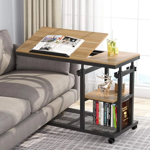 Miniatura 10 de Tribesigns Mesa C de altura ajustable con ruedas, mesa auxiliar móvil para aperitivos con tablero de dibujo inclinable, soporte para sofá, mesita