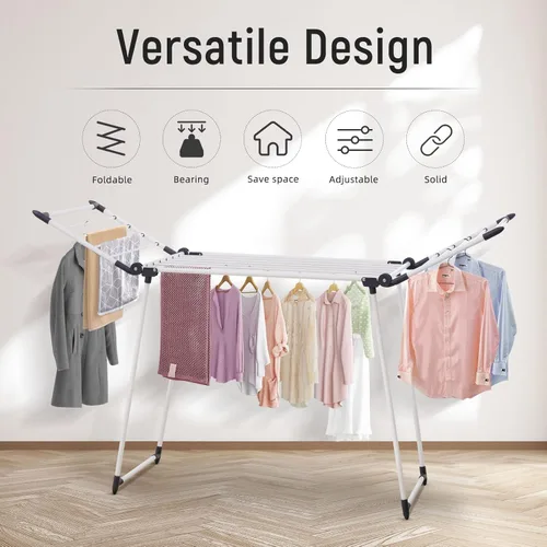 Miniatura 5 de Estante de secado de ropa, estante de lavandería Gullwing, plegable, ahorro de espacio, con clips para calcetines, para ropa, toallas, ropa de cama