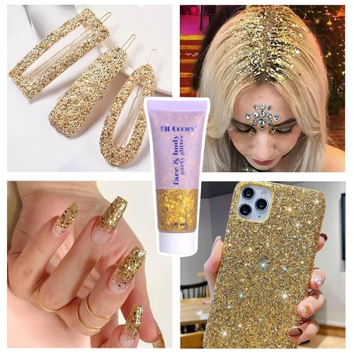 Miniatura 3 de Gel dorado con purpurina corporal y 2 hojas de diamantes de imitación para la cara, maquillaje con purpurina facial y joyas para el cabello, gemas